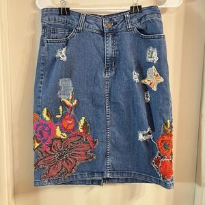Cecilia Prado Floral Butterfly Embroidered Denim Skirt XS